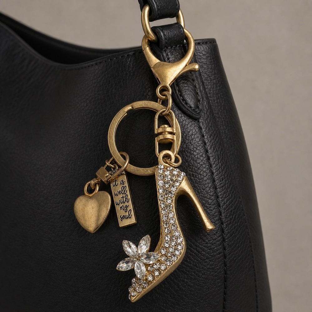 High Heel Keychain Gold Excellent Rhinestone Heart Soul Charm